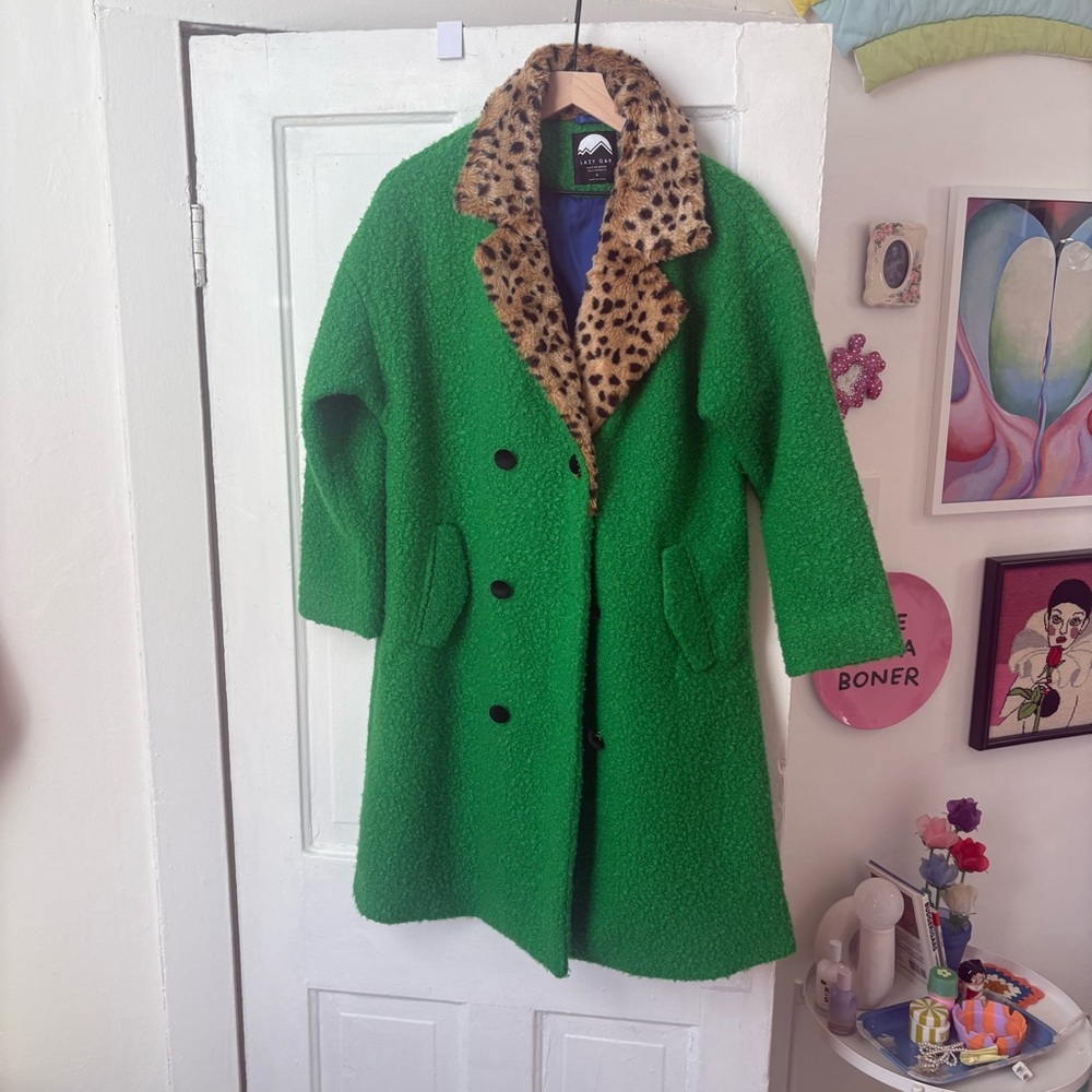 Lazy Oaf Green Dreams Boucle Faux Fur Coat with Leopard Collar